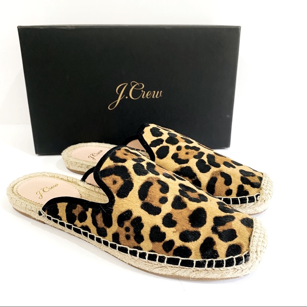 New! J Crew Espadrille Mules In Leopard Calf Hair Size 8